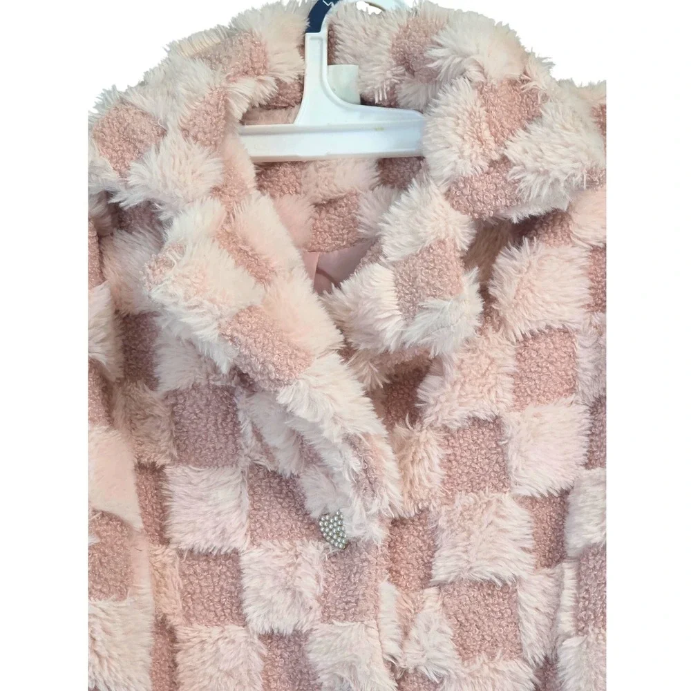 Self‎ Esteem Faux Fur Jacket Girls Medium Pink Checkered HeartButtons